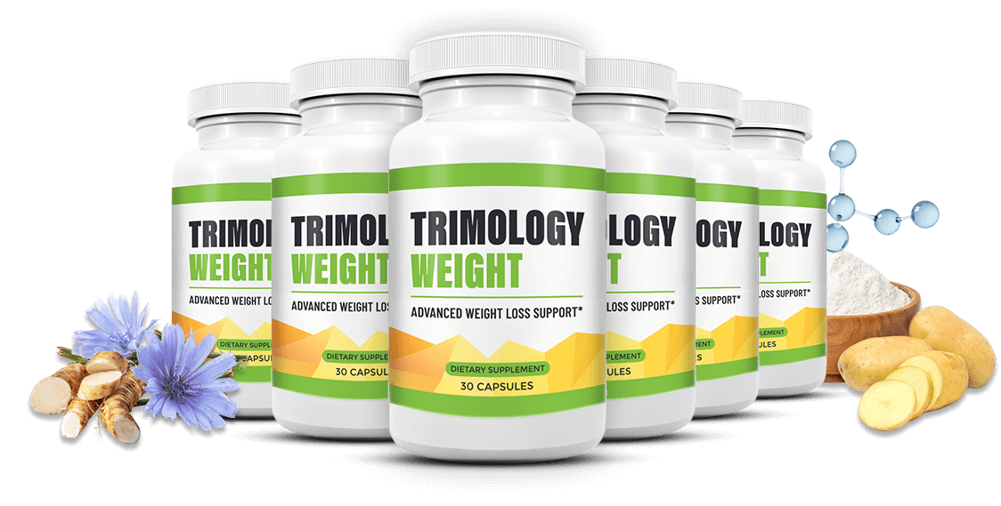 Trimology Weight supplement bottles with chicory flowers and potatoes